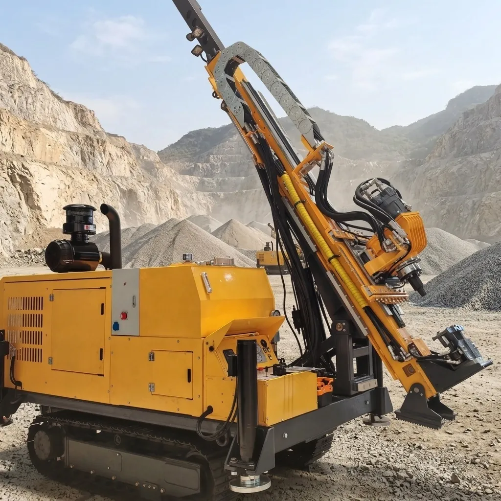Whirlwind CX1000 crawler-mounted core drilling rig with its mast raised at a quarry site